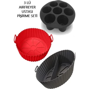 Holly Home 3 Parça Pratik Silikon Airfryer Pişirme Kağıdı Kırmızı Yonca , Siyah Muffin, Siyah Bölmeli Fırın Mikrodalga Kap Hh
