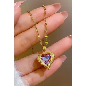 Takı Dükkanı Gold Renk Okyanusun Kalbi Pembe Taşlı Kadın Çelik Kolye ECK48