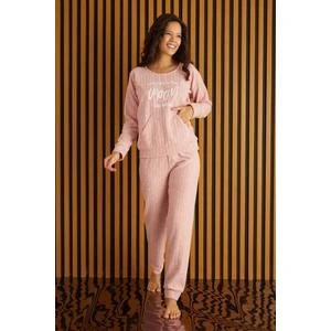 Kadın Bisiklet Yaka Kanguru Cep Bilek Manşetli Fitilli Polar Kışlık Pijama Takımı