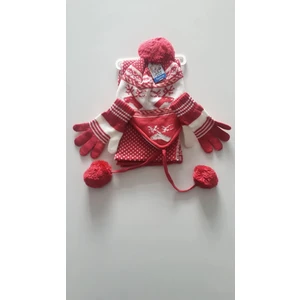 Kız Çocuk Pembe Beyaz 3'lü Geyik Desenli Bere Atkı Eldiven Takımı