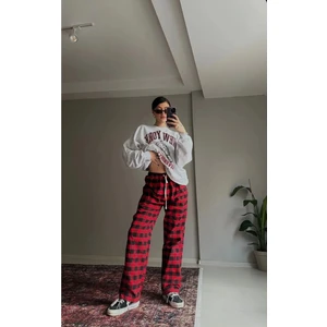 Limited Edition Kırmızı Unisex Oversize Y2K Ekose-Kareli Desen Model Relaxed Bol Paça Eşofman Altı
