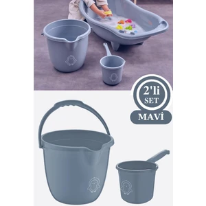Bebek Banyo Su Kovası ve Maşrapası 2’li Set, Saplı Oluklu Kova 13LT ve Maşrapa 1,5lt Mavi