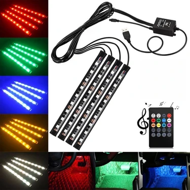 Decisive 4x DC12V 9 LED Rgb Araç Iç Atmosfer Ayak Bölmesi Şerit Işığı USB Şarj Cihazı (Yurt