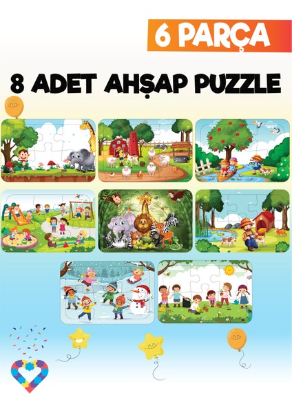 Ahşap 6 Parça 8'li Çocuk Puzzle Seti