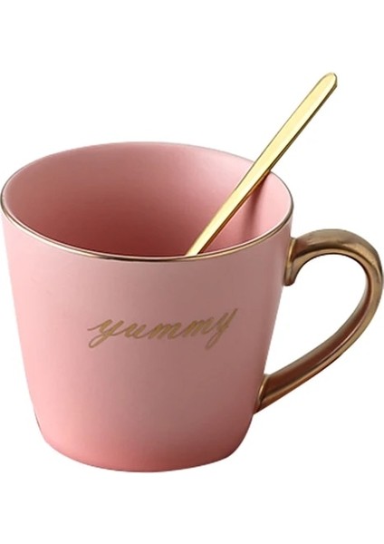 Pembe Altın Saplı Avrupa Lüks Seramik Ofis Kahve Fincanı ve Tabağı Seti Süt Çay Kupaları Doğum Günü Çiftler Hediyeler Arkadaşlar Kaşıklı Fincan Hediye Kutusu (Yurt Dışından)
