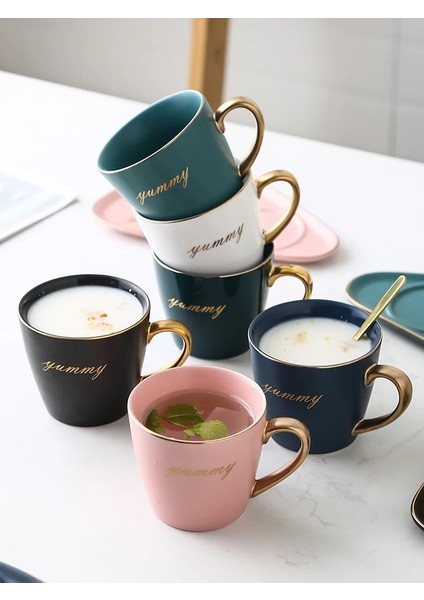Pembe Altın Saplı Avrupa Lüks Seramik Ofis Kahve Fincanı ve Tabağı Seti Süt Çay Kupaları Doğum Günü Çiftler Hediyeler Arkadaşlar Kaşıklı Fincan Hediye Kutusu (Yurt Dışından)