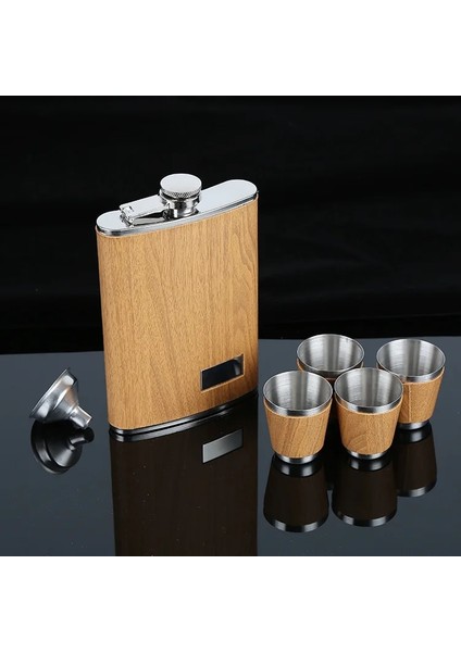 Stil A Yaratıcı 9 Oz Paslanmaz Çelik Cep Şişesi Seti 1 Huni ve 4 Bardak Ahşap Viski Şarap Şişesi Retro Alkol Cep Flagon (Yurt Dışından)