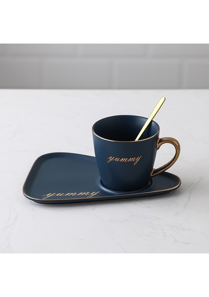 Mavi Altın Saplı Seramik Kahve Fincanı Tabağı Kaşık Seti Tatlı Tabağı Altın Jant Süt Çay Kupa Porselen Cafe Fincan Doğum Günü Çiftler Hediye Özel Logo (Yurt Dışından)