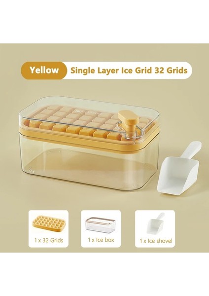 1 Tepsili Sarı Pres Tipi Buz Küpü Makinesi 32/64 Izgaralar Kapaklı Buz Kutusu Tepsisi Gıda Sınıfı Silikon Buz Küpü Kalıpları ve Saklama Kutusu Tek Tıklamayla Kalıptan Çıkarma (Yurt Dışından)