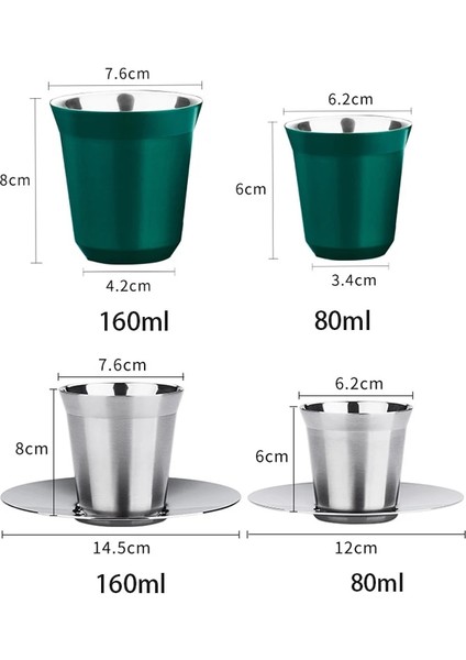 Yeşil 1 Adet 80 ml Espresso Fincan, Çift Paslanmaz Çelik Kahve Fincanları Kupalar Toz Bardak Kahve Kapsül Bardak Ev Mutfak Ofis Için (Yurt Dışından)
