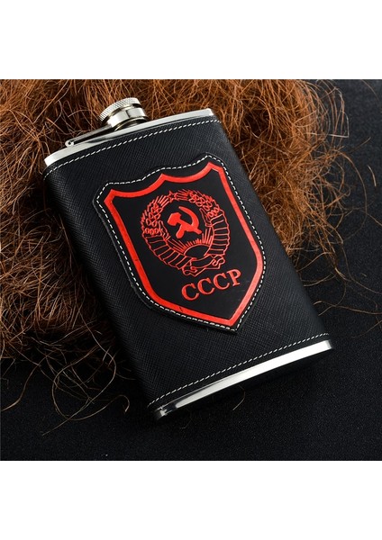 Siyah Gennıssy Paslanmaz Çelik 9 Oz Mini Hip Mataralar Klasik Kırmızı Cccp Tasarım Desen Deri Viski Şişesi Kullanışlı Erkekler Flagon (Yurt Dışından)
