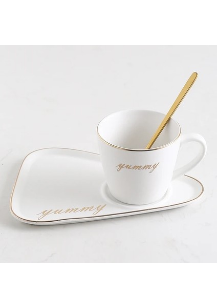 Beyaz Altın Kelime Seramik Kahve Fincanı Tabağı Kaşık Seti Tatlı Tabağı Altın Jant Süt Çay Kupa Porselen Cafe Fincan Doğum Günü Çiftler Hediye Özel Logo (Yurt Dışından)