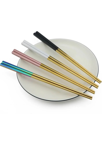 Gümüş Jankng 1 Çift 23.5 cm Kare Çubuklar 304 Paslanmaz Çelik Japon Altın Gül Altın Suşi Hashi Yeniden Kullanılabilir Renkli Çubuk (Yurt Dışından)