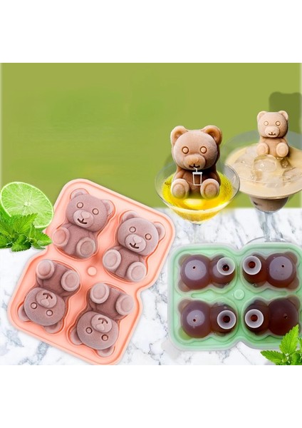 Sarı 4 Izgara Ayı Buz Küpü Kalıp Silikon Buz Kalıbı Popsicle Dondurma Dondurulmuş Buz Topu Buz Kutusu Buz Kalıp Mutfak Aksesuarları (Yurt Dışından)
