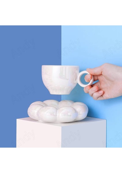 E Yaratıcı Seramik Kupa Sevimli El Yapımı Bulutlar Dekor Masaüstü Fincan ve Çay Tabağı Seti Oturma Odası Kahvaltı Kahve Fincanları Ev Dekorasyon (Yurt Dışından)