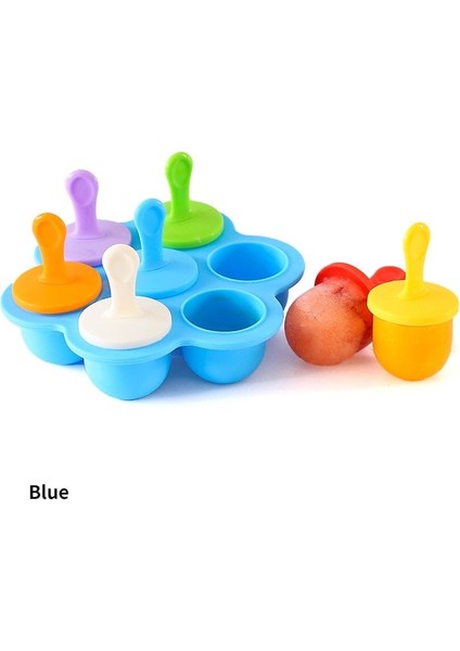 Blue-7pcs 1 Adet 7 Delik Dıy Dondurma Pops Silikon Kalıp Dondurma Topu Makinesi Popsicles Kalıpları Bebek Meyve Sarsıntı Ev Mutfak Aksesuarları Aracı (Yurt Dışından)