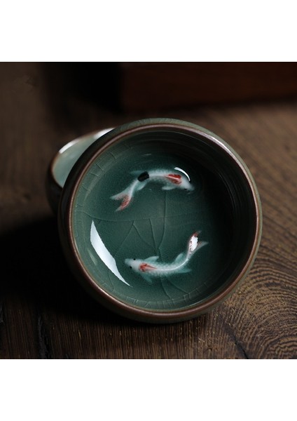 60MLX1 Çin Longquan Seladon Porselen Çin Çay Bardağı ve Tabağı Çay Altın Balık ile Kase 60 ml Seladonlar Crackle Çay Bardağı (Yurt Dışından)