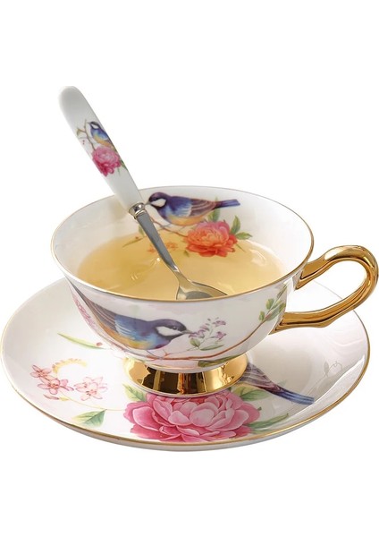 24 Lüks Kemik Çini Kahve Fincan Tabağı Kaşık Ingiliz Porselen Çay Bardağı Boyalı Çiçek Kuş Seramik Cafe Kupa Drinkware Hediye (Yurt Dışından)