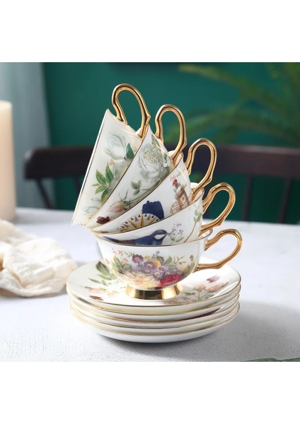 24 Lüks Kemik Çini Kahve Fincan Tabağı Kaşık Ingiliz Porselen Çay Bardağı Boyalı Çiçek Kuş Seramik Cafe Kupa Drinkware Hediye (Yurt Dışından)