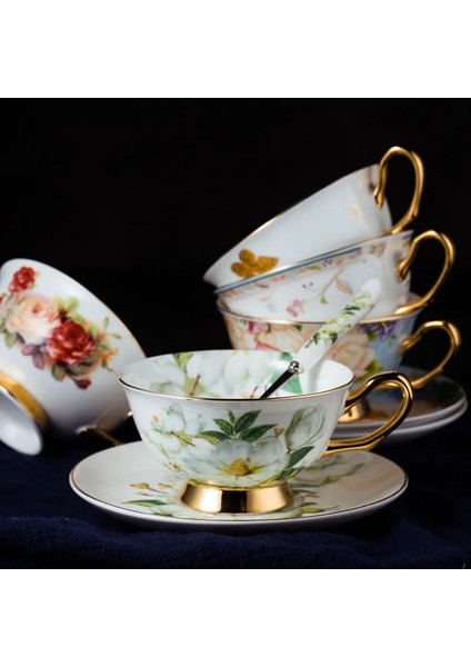 24 Lüks Kemik Çini Kahve Fincan Tabağı Kaşık Ingiliz Porselen Çay Bardağı Boyalı Çiçek Kuş Seramik Cafe Kupa Drinkware Hediye (Yurt Dışından)