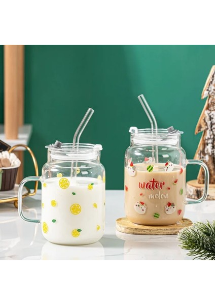 Bölüm C 600ML 580ML Cam Kapaklı Bardak ve Saman Çay Bardağı Süt Suyu Sevimli Kedi Kahve Su Kupaları Isıya Dayanıklı Drinkware (Yurt Dışından)