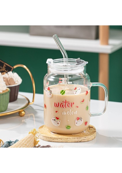 Bölüm C 600ML 580ML Cam Kapaklı Bardak ve Saman Çay Bardağı Süt Suyu Sevimli Kedi Kahve Su Kupaları Isıya Dayanıklı Drinkware (Yurt Dışından)