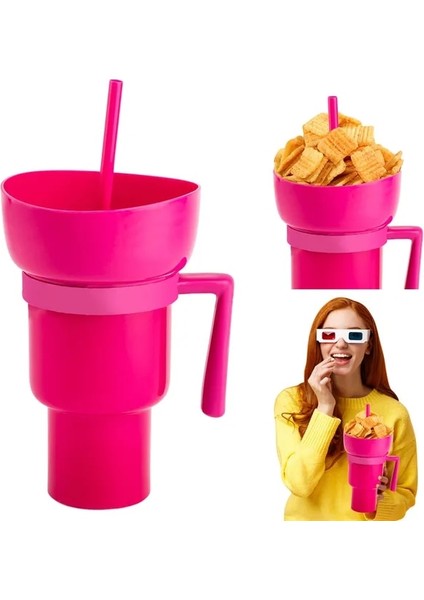 Düz Renk Pembe Yeni 2'si 1 Arada Aperatif Kasesi Içecek Pipetli Bardak Stadyum Tumbler Sıçramaya Dayanıklı Sızdırmaz Taşınabilir Aperatif Bardağı Yetişkinler Için Çocuk Sinema Gezisi (Yurt Dışından)