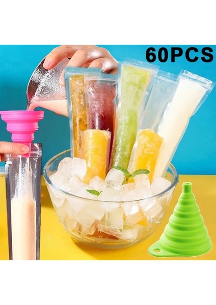 60 ADET-(5.5X28 Cm) Şeffaf Meyve Suyu Smoothie'ler Için 60/1 Adet Tek Kullanımlık Çanta Aletler Kendinden Buz Mutfak Yoğurt Mühürlü Kalıp Küp Buz Torbaları Popsicle (Yurt Dışından)