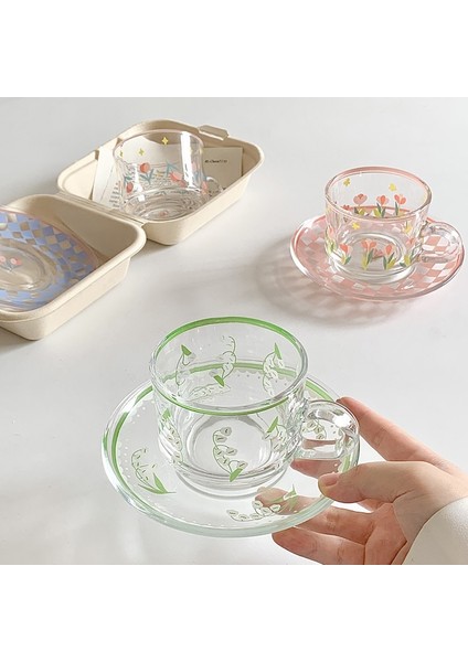 Yeşil 200ML Yaratıcı Kahve Fincanı Tabak Seti Kore Bardak El-Boyalı Bitki Çiçek Kahve Kupa Ev Mutfak Drinkware Espresso Bardak (Yurt Dışından)