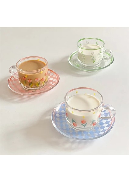 Yeşil 200ML Yaratıcı Kahve Fincanı Tabak Seti Kore Bardak El-Boyalı Bitki Çiçek Kahve Kupa Ev Mutfak Drinkware Espresso Bardak (Yurt Dışından)