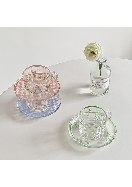 Yeşil 200ML Yaratıcı Kahve Fincanı Tabak Seti Kore Bardak El-Boyalı Bitki Çiçek Kahve Kupa Ev Mutfak Drinkware Espresso Bardak (Yurt Dışından)