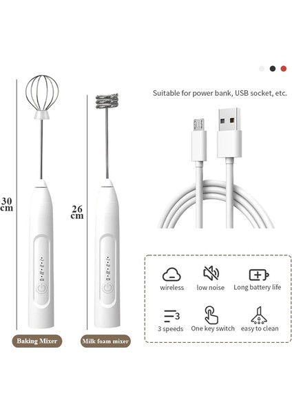 Siyah 2 In 1 USB Şarj Edilebilir Elektrikli Yumurta Çırpıcı Çırpma Kahve Mikser Çift Kafa Süt Köpürtücü Pişirme Karıştırıcı Mutfak Aletleri (Yurt Dışından)