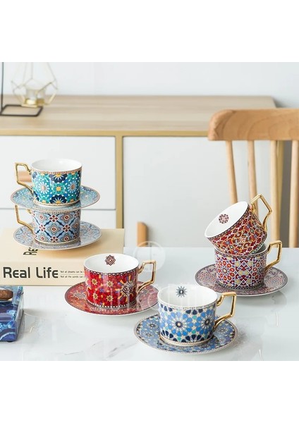 Fas E Fas Tarzı Lüks Kahve Fincan ve Tabak Seti Özel Kahve Için Altın Saplı Cappuccino Seramik Çay Bardağı 250 ml (Yurt Dışından)