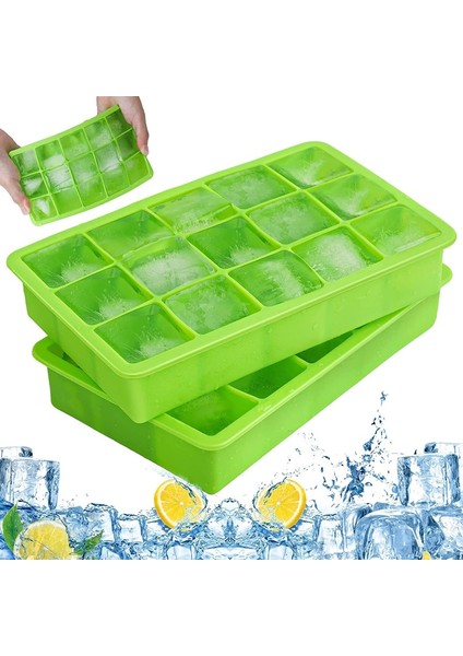 Nane Yeşili-Kapaklı 15 Izgaralı Silikon Buz Tepsisi Kalıp Kapaklı Büyük Buz Küpü Kalıp Kare Buz Yapıcı Dondurma Kalıbı Dayanıklı Yaz Dondurma Araçları (Yurt Dışından) fırsatları