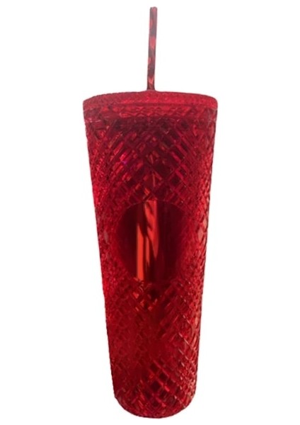 Kırmızı Su Bardağı 24 Oz Glitter/normal Eşkenar Dörtgen Desenli Bpa Içermeyen Kapaklı ve Samanlı Su Bardağı Yeniden Kullanılabilir Çift Katmanlı Buzlu Kahve Fincanları (Yurt Dışından)