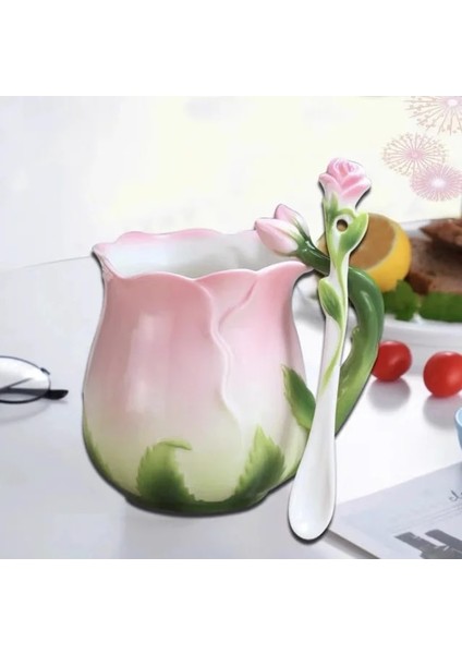 Pembe B Yaratıcı Moda 3D Gül Şekli Çiçek Emaye Seramik Kahve Çay Bardağı ve Tabağı Kaşık Seti Porselen Su Bardağı Sevgililer Günü Hediyesi (Yurt Dışından)