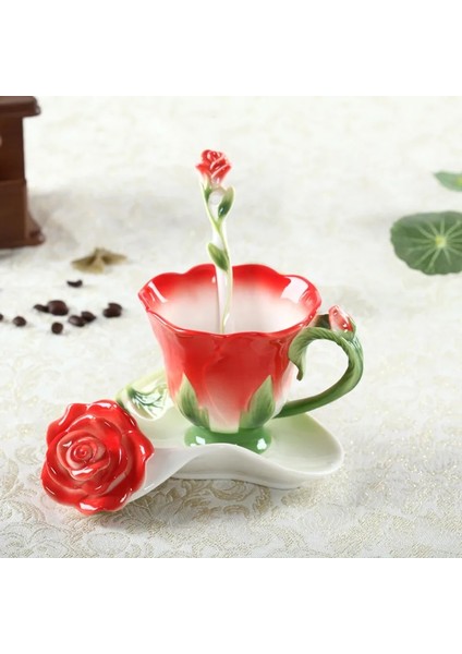 Pembe B Yaratıcı Moda 3D Gül Şekli Çiçek Emaye Seramik Kahve Çay Bardağı ve Tabağı Kaşık Seti Porselen Su Bardağı Sevgililer Günü Hediyesi (Yurt Dışından)