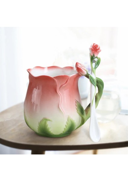 Pembe B Yaratıcı Moda 3D Gül Şekli Çiçek Emaye Seramik Kahve Çay Bardağı ve Tabağı Kaşık Seti Porselen Su Bardağı Sevgililer Günü Hediyesi (Yurt Dışından)