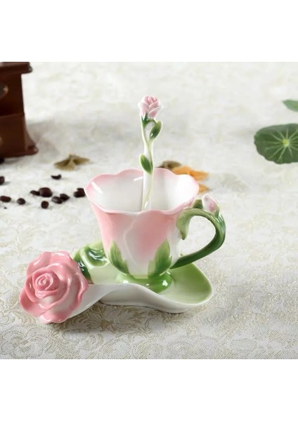 Pembe B Yaratıcı Moda 3D Gül Şekli Çiçek Emaye Seramik Kahve Çay Bardağı ve Tabağı Kaşık Seti Porselen Su Bardağı Sevgililer Günü Hediyesi (Yurt Dışından)