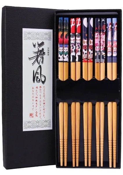 5 Çift Kullanımlık 5 Çift Set El Yapımı Bambu Japon Tarzı Doğal Ahşap Çubuklarını Suşi Gıda Kedi Çiçek Çok Renkli Ahşap Çubuklarını (Yurt Dışından)