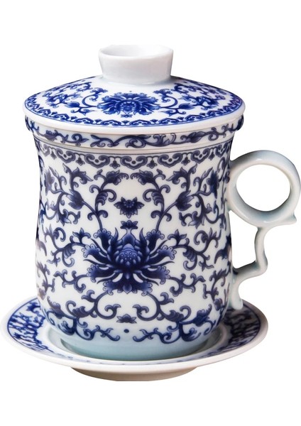 Grande Corniche Retro Çin Mavi Beyaz Porselen Çay Bardağı Seti Tabağı Kapaklı Demlik 260ML Seramik Çay Fincanı Çay Filtresi ile Çay Bardağı Demlik ile (Yurt Dışından) indirimleri