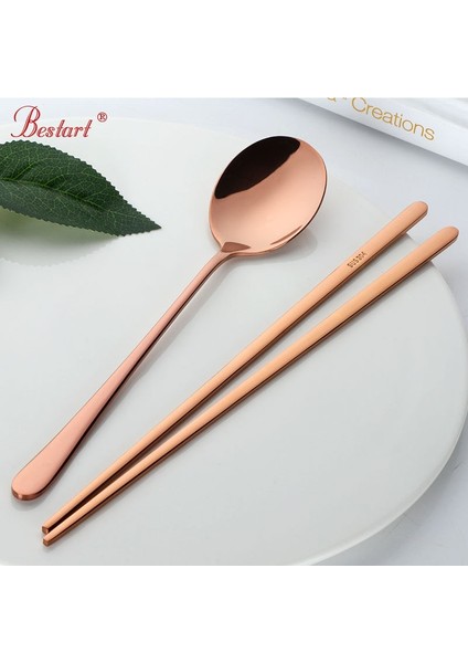 Rose-1set Altın 18/10 Kore Paslanmaz Çelik Gıda Çubuklarını Kaşık Seti Uzun Saplı Düz Kaymaz Çubuklarını Tatlı Kaşıkları Yemek Takımı Seti (Yurt Dışından)