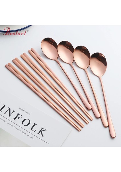 Rose-1set Altın 18/10 Kore Paslanmaz Çelik Gıda Çubuklarını Kaşık Seti Uzun Saplı Düz Kaymaz Çubuklarını Tatlı Kaşıkları Yemek Takımı Seti (Yurt Dışından)