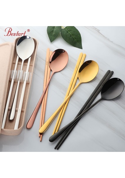 Rose-1set Altın 18/10 Kore Paslanmaz Çelik Gıda Çubuklarını Kaşık Seti Uzun Saplı Düz Kaymaz Çubuklarını Tatlı Kaşıkları Yemek Takımı Seti (Yurt Dışından)