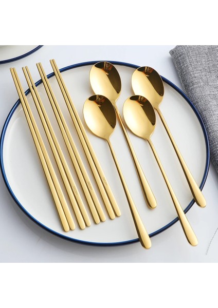 Rose-1set Altın 18/10 Kore Paslanmaz Çelik Gıda Çubuklarını Kaşık Seti Uzun Saplı Düz Kaymaz Çubuklarını Tatlı Kaşıkları Yemek Takımı Seti (Yurt Dışından)