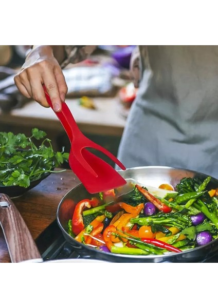 Kırmızı Silikon Çok Fonksiyonlu 2 In 1 Yapışmaz Kızarmış Yumurta Çeviriciler Yumurta Spatula Pizza Biftek Çevirme Kürek Kızartma Mutfak Gereçleri (Yurt Dışından)