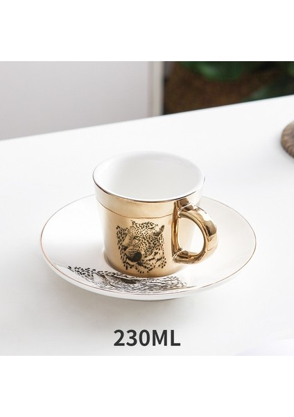 Leopar Altın 230ML 90/230CM Ins Ayna Yansıma Yaratıcı At Anamorfik Fincan Ayna Yansıma Fincan Sinek Kuşu Kupa Kahve Çay Seti Coaster ile (Yurt Dışından)