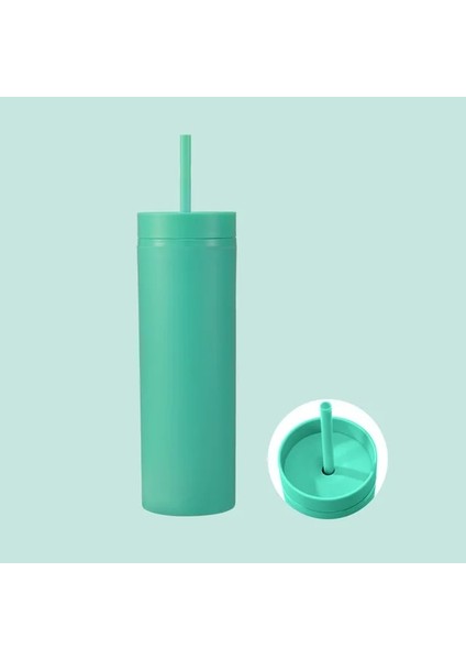 18 Çift Duvar Sıska Bardak Plastik Dövme Su Şişesi Mat Bitmiş 16OZ Düz Bardak Yalıtımlı Bardak Kahve Kamışlı Kupa (Yurt Dışından)