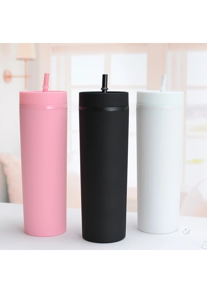 18 Çift Duvar Sıska Bardak Plastik Dövme Su Şişesi Mat Bitmiş 16OZ Düz Bardak Yalıtımlı Bardak Kahve Kamışlı Kupa (Yurt Dışından)