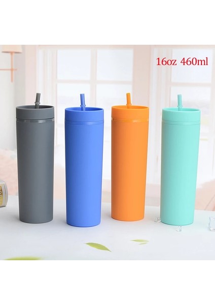 18 Çift Duvar Sıska Bardak Plastik Dövme Su Şişesi Mat Bitmiş 16OZ Düz Bardak Yalıtımlı Bardak Kahve Kamışlı Kupa (Yurt Dışından)
